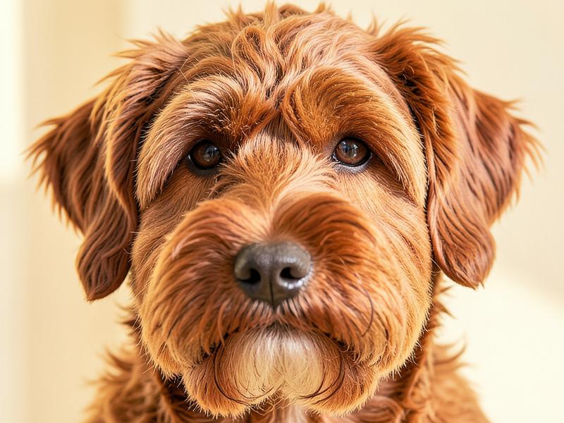 A doodle's shaggy bearded face with bushy brows